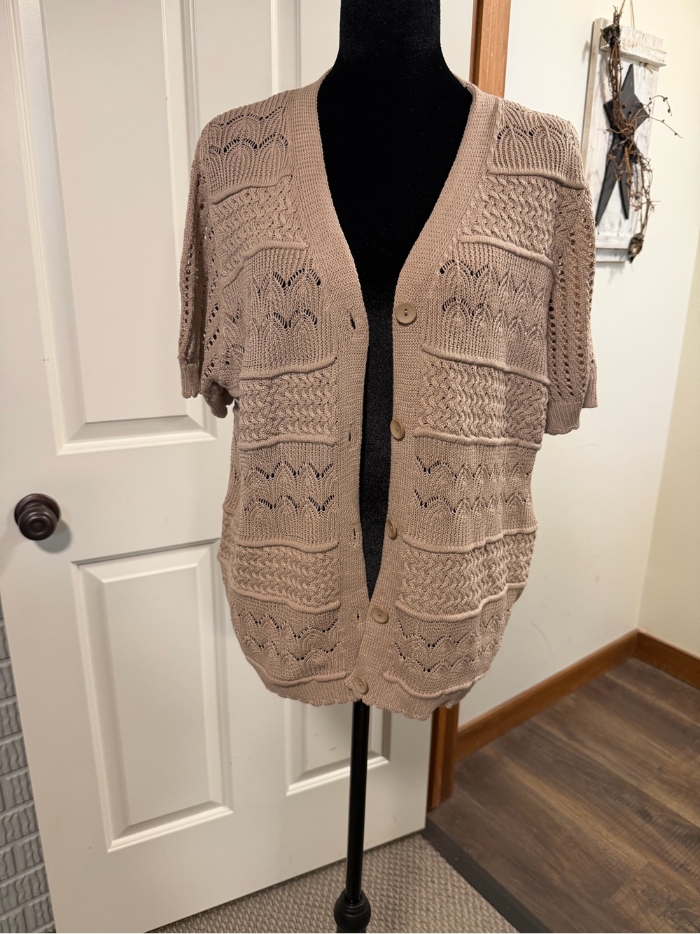 Boutique Open Knit Cardigan Sweater Large Neutral Boho Cottagecore